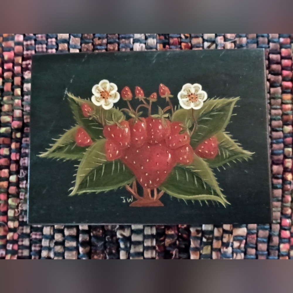 Vintage Folk Art Hand Painted Strawberry Floral Wood Box, J. Wilkinson